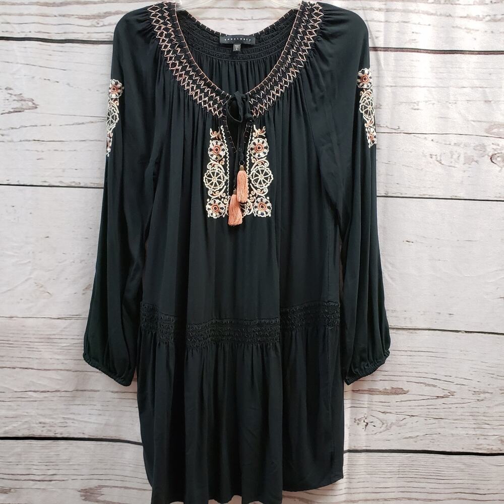 Sanctuary Lg Black Dress Floral Embroidered Tassel Drop Elastic Waist Boho LS